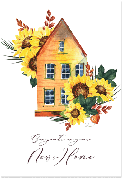 Warm wishes on your new home! A heartfelt congratulations card featuring a charming drawing of a small house and vibrant sunflowers, symbolizing the brightness and joy that comes with this new chapter in your life