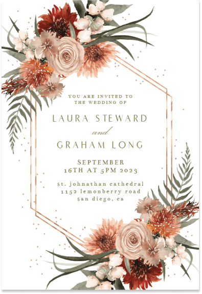 Exquisite wedding invitation with golden frame, meticulously arranged floral bouquets. Elegant green text complements for a touch of sophistication.
