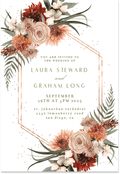 Exquisite wedding invitation featuring a golden frame adorned with meticulously arranged bouquets of flowers. The elegant green text complements the intricate design, exuding a touch of sophistication.