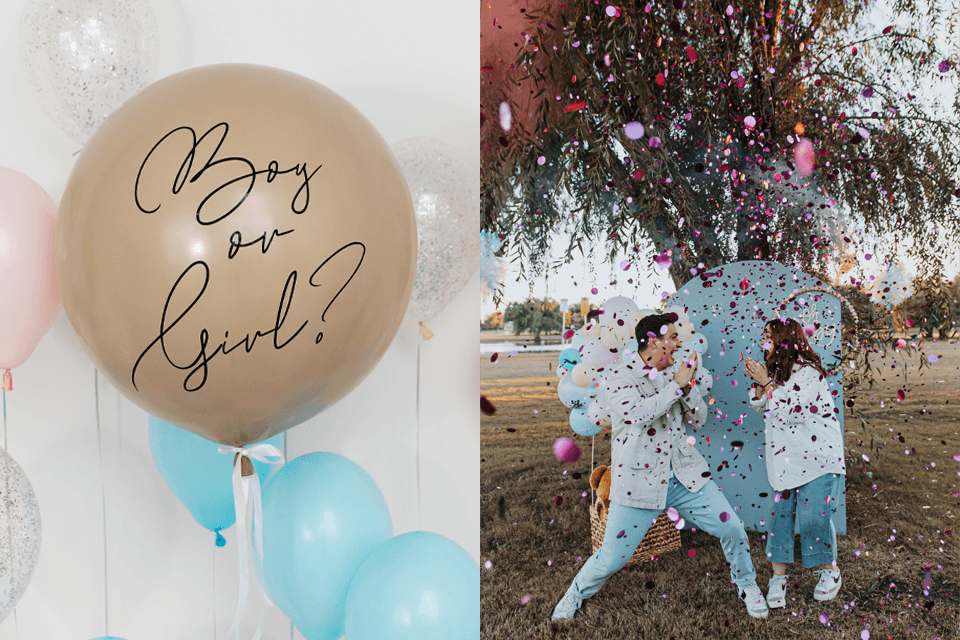Left side: Golden 'Boy or Girl' balloon for Gender Reveal Party. Right side: Joyful and excited couple celebrating the gender of their baby amidst confetti at the Gender Reveal Party.