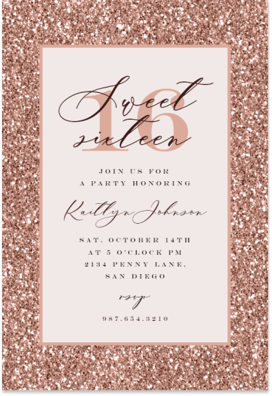 Sweet 16 birthday invitation adorned with elegant rose gold sprinkles in the corners, featuring bold 'Sweet Sixteen' text at the center.