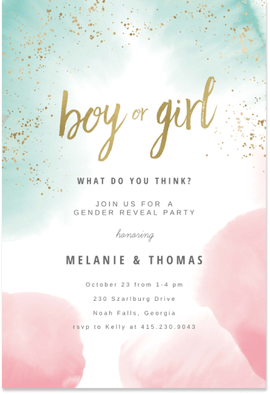 Invitation featuring watercolor splashes in pastel pink and blue, adorned with elegant gold text reading 'Boy or Girl.' Perfect for a Gender Reveal Party celebration