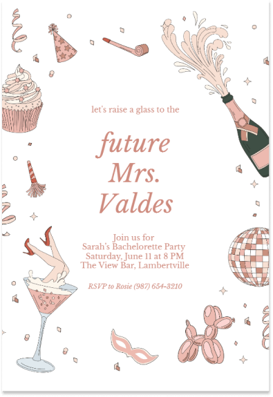 Bachelorette party invitation featuring light pink illustrations of a champagne bottle, martini glass, disco ball, and cupcake - all emblematic of celebration.