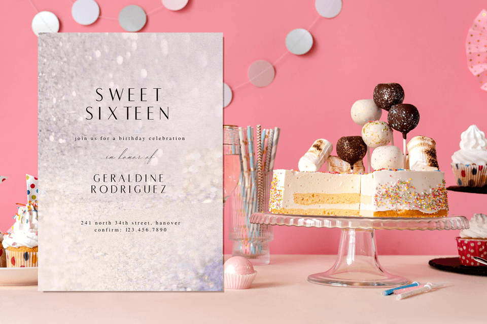 Glittering Sweet 16 invitation exuding elegance. The backdrop showcases a sumptuous sweets table adorned with a splendid cake and delectable cupcakes.