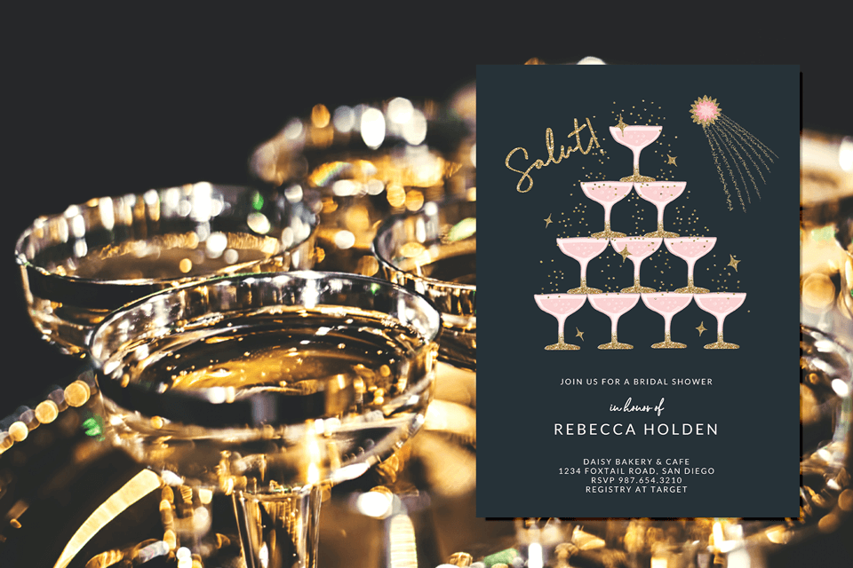 stacked champagne glasses illustration on a elegant bachelorette party invitation
