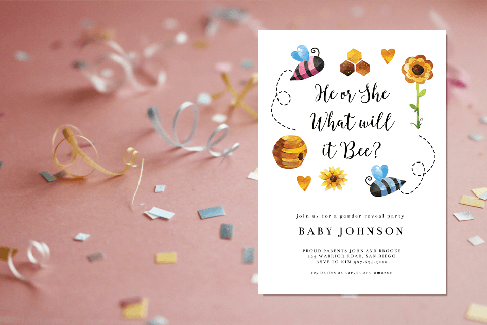 He or She, What Will It Bee? Adorable bee-themed gender reveal invitation featuring illustrations of two bees—one in pink stripes and the other in blue stripes. Accompanied by a charming hive, flower, and heart details.