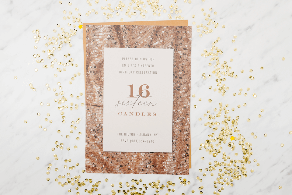 Sophisticated Sweet 16 invitation featuring an elegant design with shimmering sequins.