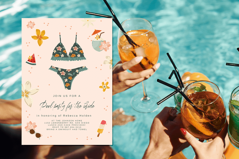 Bridal Party Pool Invitation: Illustrated floral bikinis, popsicle, watermelon slice, flowers, and cocktails adorn the invite. Set against a backdrop of a vibrant pool party with guests lounging by the water, enjoying refreshing drinks.