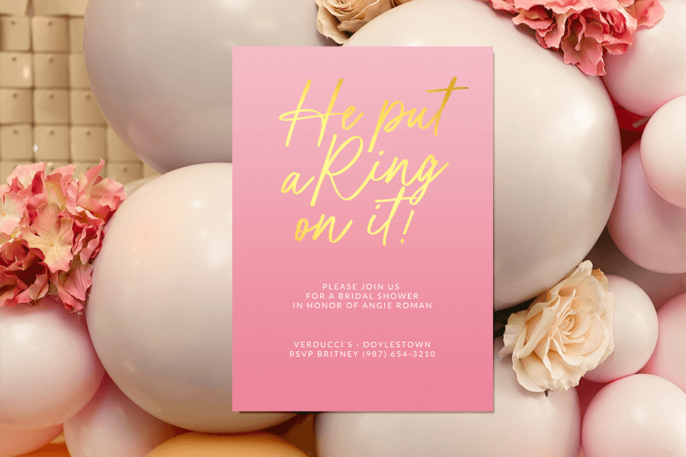 Elegant 'He Put a Ring On It' Bachelorette Party Invitation in Pink and Gold. Backdrop features vibrant balloons and flowers, the main décor at the celebration