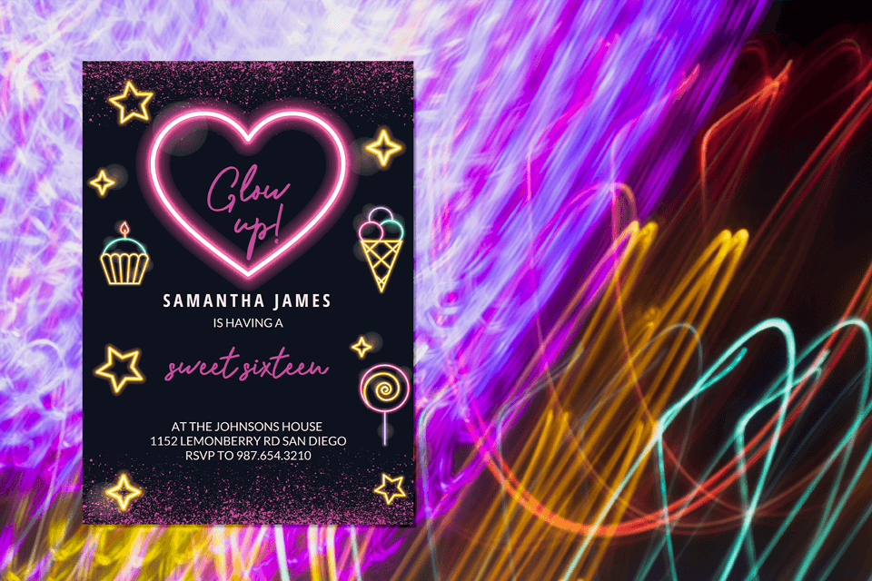 Vibrant neon heart-themed Sweet 16 birthday invitation set against an abstract backdrop of dazzling neon lights.
