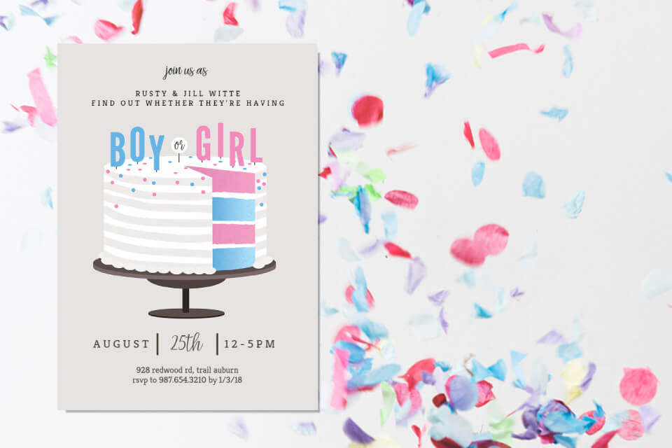 Gender reveal invitation featuring a cut cake with 'Boy or Girl' written on top, revealing colored layers. Vibrant confetti decorates the background.