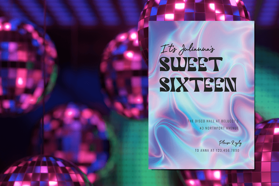 Glamorous Sweet 16 birthday invitation for a fabulous birthday party, set against a backdrop adorned with pink disco balls