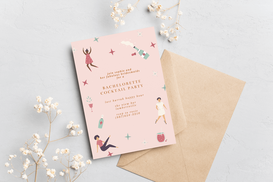 bridal shower invitation with different illustrations, fun, simple, cool