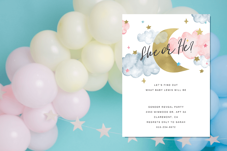 "She or He" Gender Reveal invitation with moon, stars, and cloud illustrations on pink and blue watercolor clouds. Elegant black cursive text against a backdrop of pastel balloons in pink, blue, and yellow.