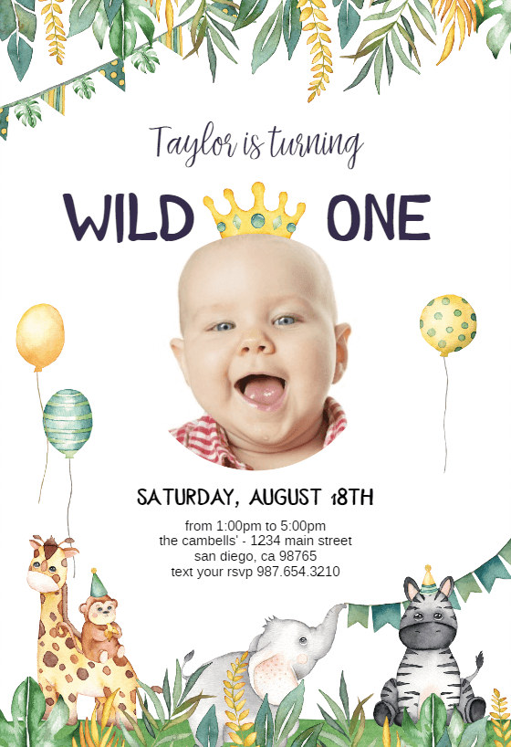 Black 'Wild One' Text with Baby Wearing Golden Tiara, Surrounded by Lush Greenery and Safari Animals in Invitation."