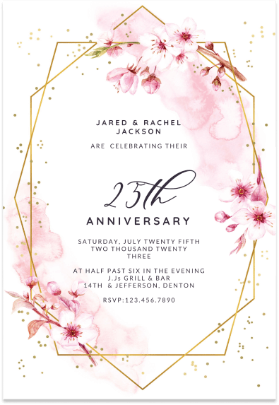 25th Anniversary Celebration Invitation: A timeless white backdrop elegantly framed by a golden geometric double border, accentuated with delicate floral drawings. 
