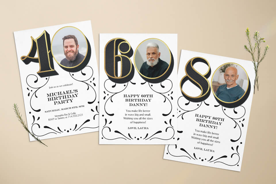Assortment of birthday invitation designs by Katie Made That, featuring portraits of men at milestone ages of 40, 60, and 80, artistically presented on a neutral background.