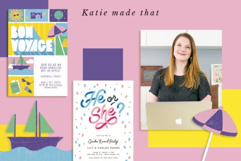 Banner featuring Katie's portrait by 'Katie Made That,' flanked by two of her intricate invitation designs, highlighting her bespoke stationery services.