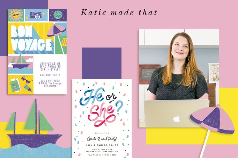 Banner featuring Katie's portrait by 'Katie Made That,' flanked by two of her intricate invitation designs, highlighting her bespoke stationery services.