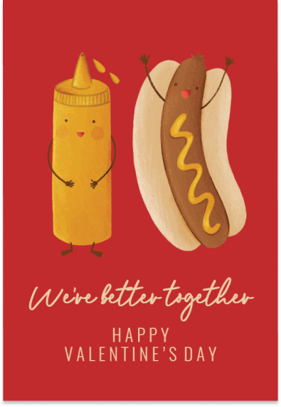 Whimsical Valentine's Day card featuring a cheerful hot dog and a smiling mayo bottle on a radiant red background. The text is elegantly displayed on a light cream card.