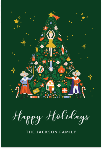 Warmest Holiday Wishes: Christmas Card with a Rich Dark Green Background, Featuring a Cheerful Illustrated Christmas Tree adorned with Stars, Ornaments, and Festive Dolls