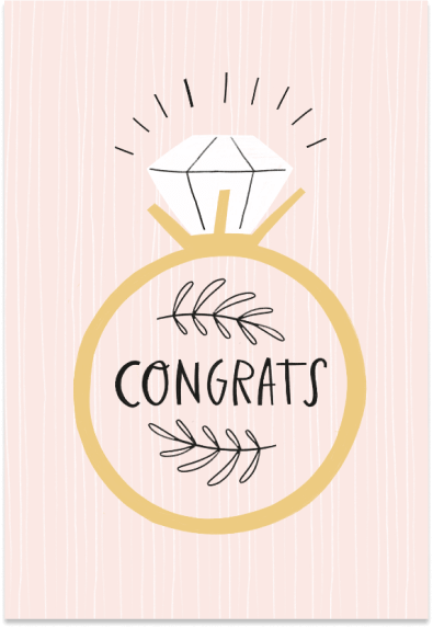 Light pink engagement card featuring an elegant gold diamond ring illustration. Inside the ring, the word 'congrats' in refined black lettering.