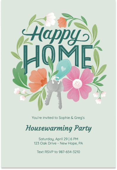 A housewarming party invitation with a 'Happy Home' theme, set against a light green background adorned with flower illustrations and a pair of keys.