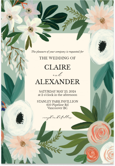 Illustration of Wedding Invite: Resplendent Flowers Resembling a Wedding Bouquet on a Green Background. Elegant Text with Bold Black Accents at the Center.