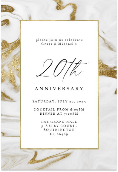 Marble Anniversary Invitation with Elegant '20th Anniversary' Text in Black and Gold Tones.