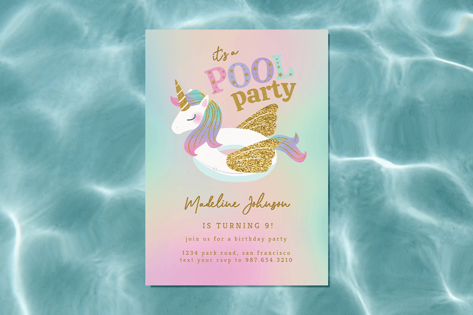 Enchanting Unicorn Pool Party Summer Birthday Invitation: Featuring a unicorn inflatable adorned with a rainbow of colors, accented with white and gold sparkles. The typography adds a whimsical touch, combining vibrant hues with a touch of golden elegance.