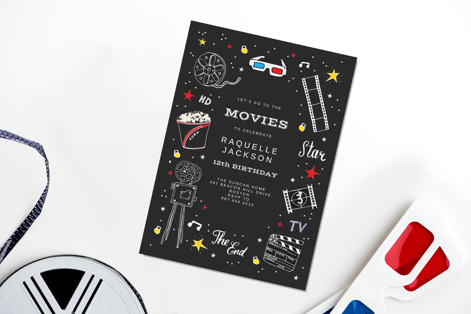 Dynamic Movie-Themed Summer Birthday Party Invitation: A Stylish Black Background Contrasts with White Text and Illustrated Cinema Elements - 3D Glasses, Film Reel, and Popcorn, Resting on a Clean White Surface