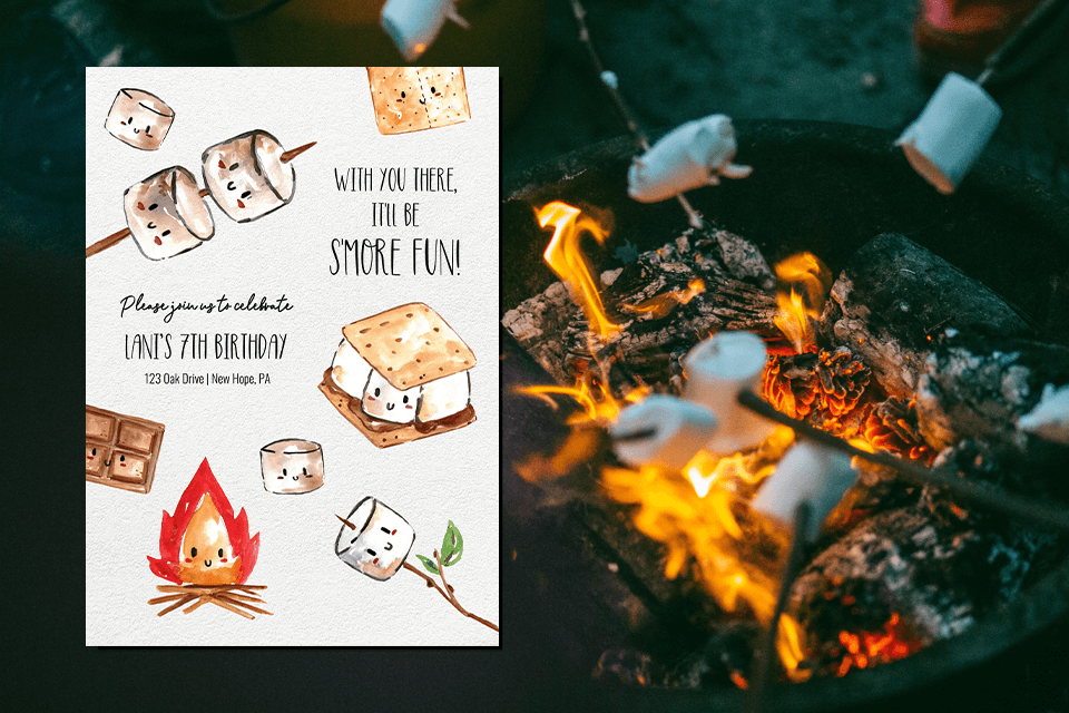  Cozy Campfire and S'mores Summer Birthday Invitation: Playful s'mores illustrations with cheerful smiley faces set against a backdrop of a crackling firepit, where s'mores are being carefully toasted for the perfect treat. Perfect for a camping-themed celebration!