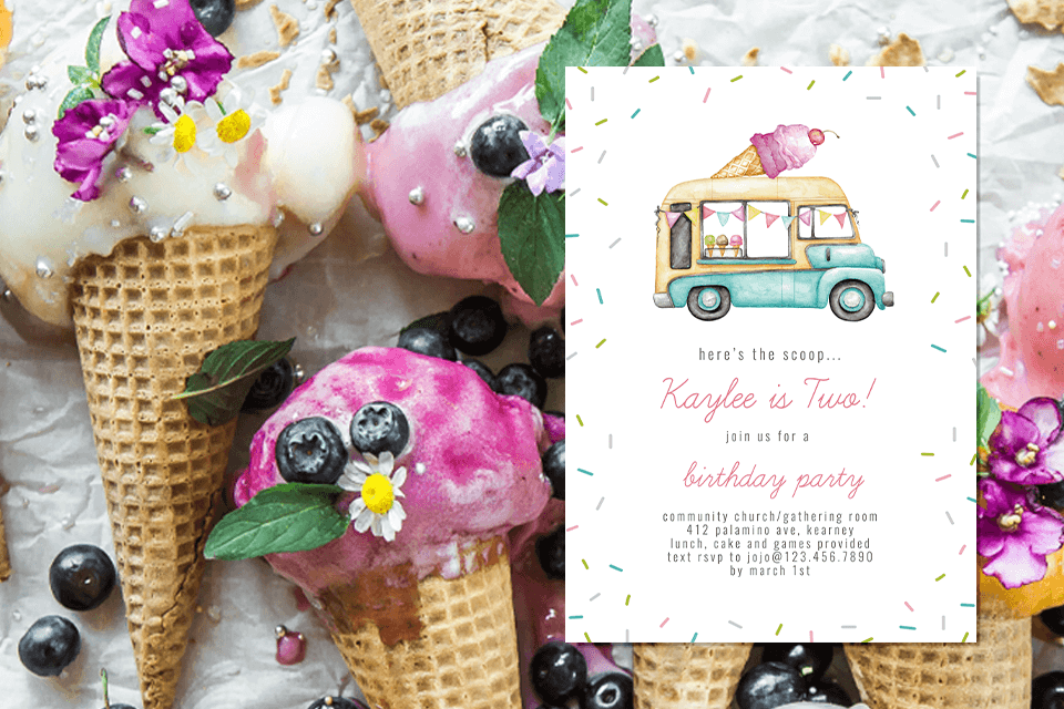 Whimsical Ice Cream Truck Summer Birthday Party Invitation with ice cream truck illustration and pink main text, background Flower-Adorned Ice Cream Treats