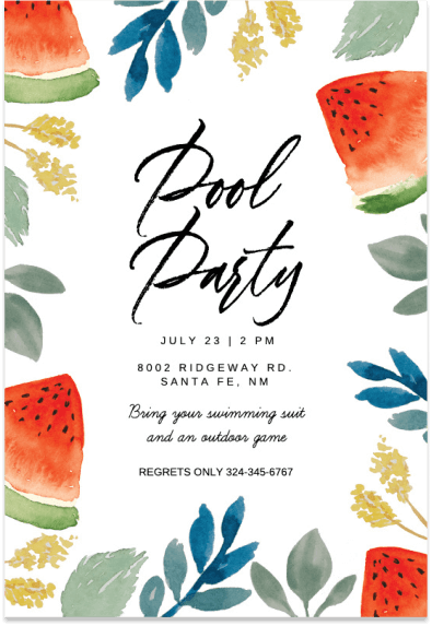 Chic Pool Party Invitation: Crisp black text pops against a clean white background, adorned with whimsical watercolor illustrations of juicy watermelon slices and lush branches. It's a refreshing invitation that sets the tone for a stylish poolside gathering