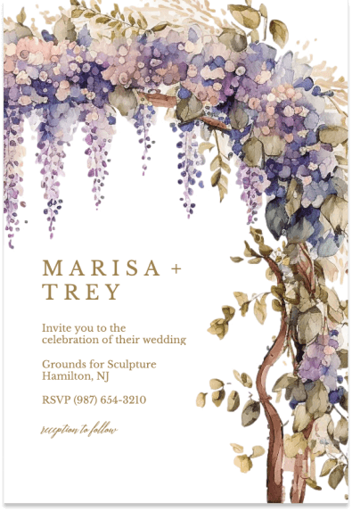 Wedding Invitation with Grape Vine Illustration: Purple, Green, Brown, and Yellow Dropping Flowers. Yellow Text Below the Vine.