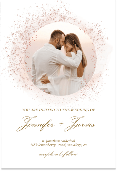 Elegant wedding invite: Couple's joyful photo surrounded by pink sparkles on a white background. Handwritten font adds a personal touch.