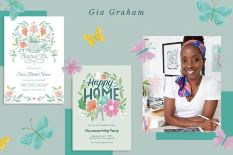Cover banner showcasing a portrait of designer Gia Graham alongside two of her invitation designs, all beautifully framed by an array of illustrated colorful butterflies.