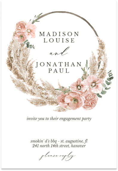 An exquisite wreath crafted from vibrant flowers and graceful pampas grass, with bold black text at its center. This invitation is for an engagement party.