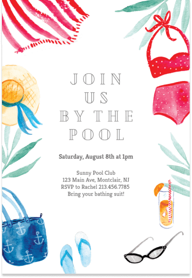 Dive into the fun! Join us by the pool with this vibrant invitation showcasing playful illustrations of bathing suits, towels, Panama hats, slippers, and sunglasses, setting the perfect tone for a sun-soaked gathering.