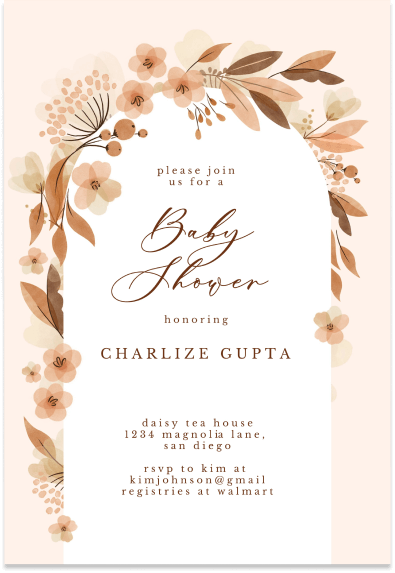Invitation adorned with a warm brown-hued flower arch encircling the text, creating a cozy ambiance for the baby shower celebration.