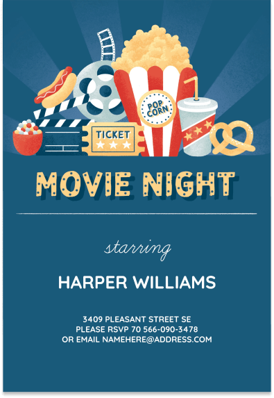A festive Christmas movie night invitation with illustrations of popcorn, movie tickets, and pretzels, setting the scene for a cozy holiday gathering.