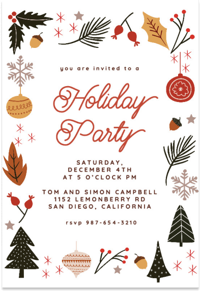 Invitation to a Festive Holiday Party adorned with charming illustrations of Christmas elements, including whimsical branches and enchanting Christmas trees.