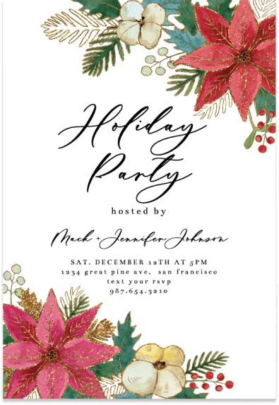 Elegant Christmas invitation with holiday party text on a white background. The corners are adorned with illustrations of Christmas flowers in red hues, accompanied by golden and greenery accents.
