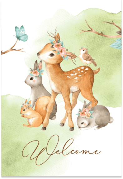 Charming 'Welcome Baby' shower card featuring adorable forest animals, each adorned with a sweet flower crown.