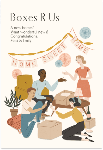 Boxes R Us Housewarming Invite: Join Us for a Grand Unboxing Celebration! Featuring an Illustrated Scene of Joyful People Settling into Their New Home.