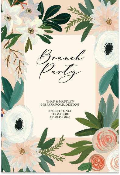 Chic Brunch Party Invitation: Delicate watercolor flower illustrations grace a peachy backdrop, evoking elegance and femininity. 