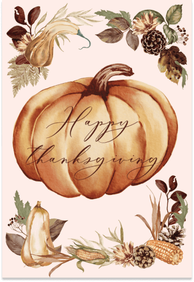 Thanksgiving card in soft pink with a central golden pumpkin illustration, surrounded by autumn foliage accents. Text reads 'Happy Thanksgiving', creating a warm and inviting atmosphere.