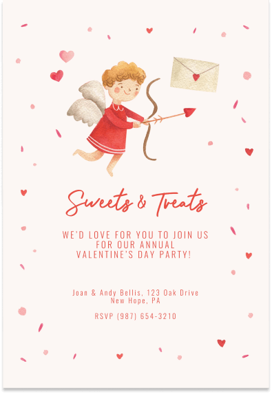 Invitation adorned with an illustration of Cupid, donning red attire, armed with bow and arrow. The words 'Sweets and Treats' in vibrant red, accompanied by a sealed envelope embellished with a heart. Perfect for a Valentine's Day celebration!