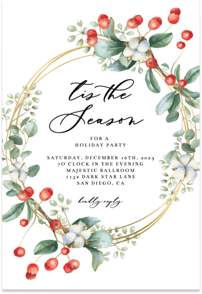 Elegant Christmas Party Invitation: 'Tis the Season' in Stylish Font, Adorned with a Festive Wreath Featuring American Holly and a Gilded Border