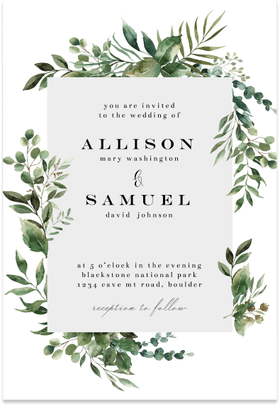 Wedding invitation featuring centered text on a light grey background bordered with elegant greenery illustrations